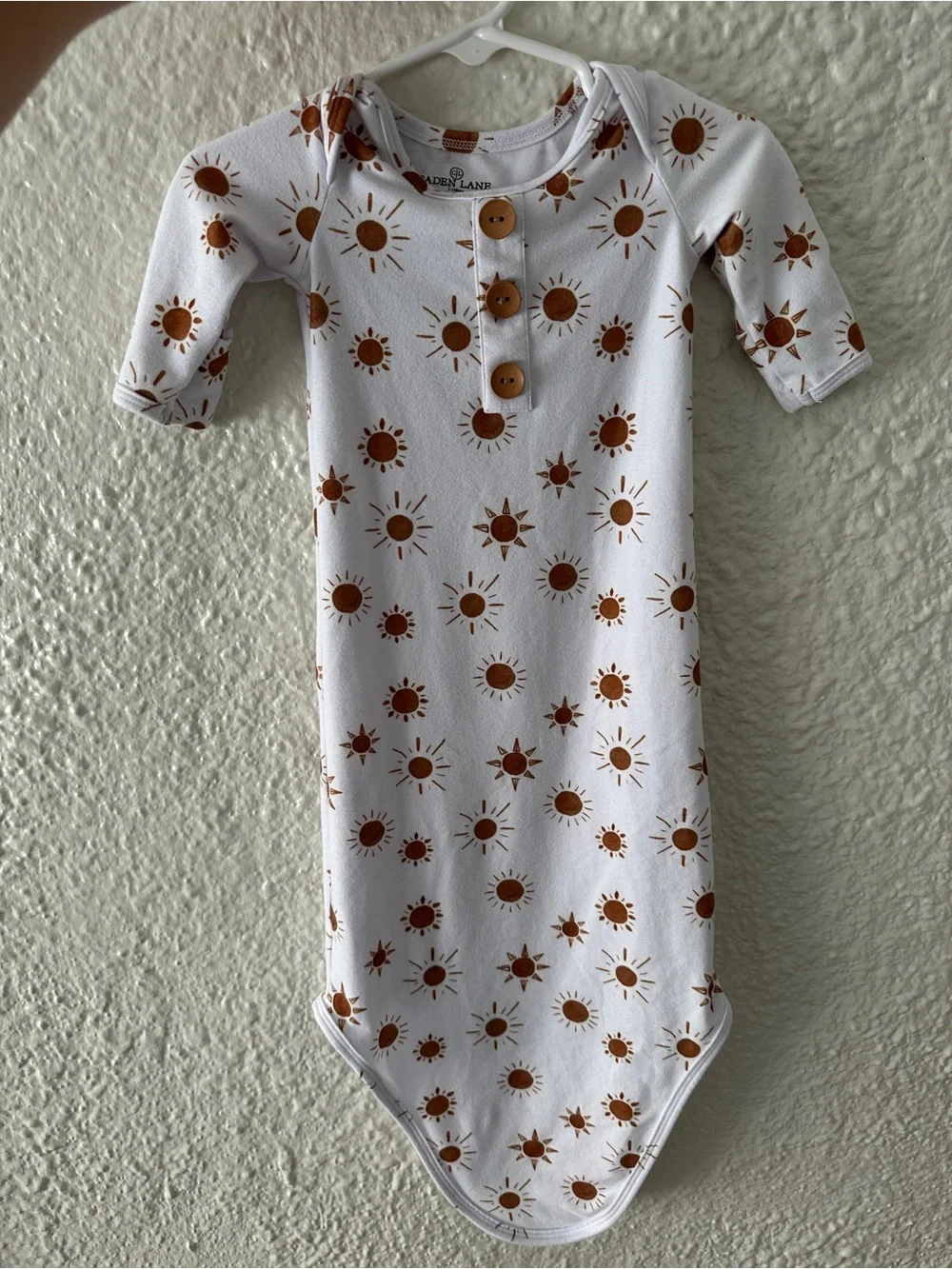 Caden Lane White Baby Gown with Brown Sun Print and Wooden Buttons